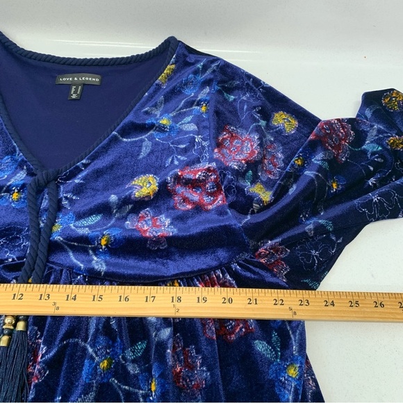 Love Legend Dress 20 Velvet Dark Blue Floral Empire Peasant Tassel Boho Flowy - Picture 10 of 10